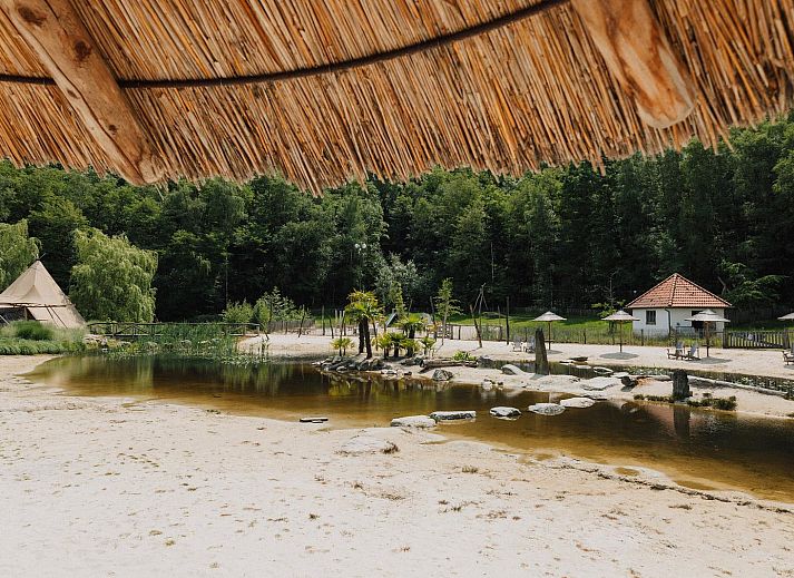 Gezellige slaapkamer in Hobbit House 1, uniek vakantiehuis in Neeroeteren, Limburg, Belgie, met rustieke houten stapelbedden.