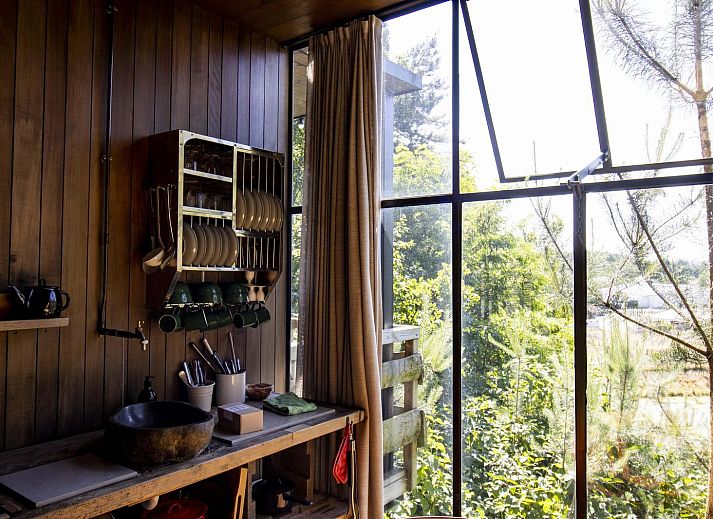 Watercabin met hottub in Neeroeteren, Limburg, Belgie, biedt een rustieke glamping ervaring te midden van weelderige natuur en bosrijke omgeving.