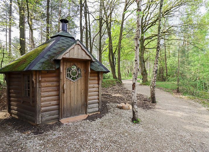 Comfort Classic met saunahuisje in Neeroeteren, Limburg, Belgie, omgeven door bosrijke natuur en een uitnodigend houten terras.