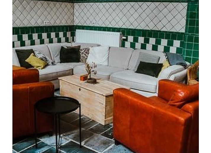 Charmante binnenplaats van vakantiehuis FreLune in Tongeren, Limburg, Belgie met rustieke stenen en groene accenten.