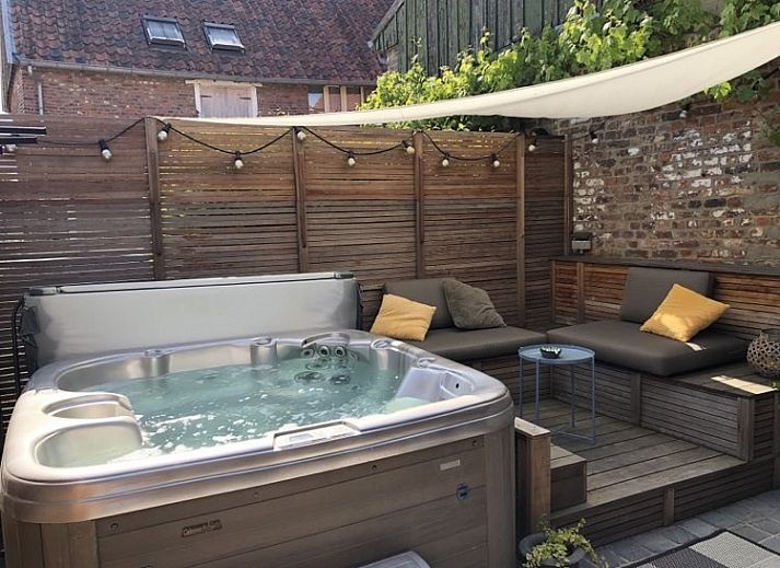 Charmante binnenplaats van vakantiehuis FreLune in Tongeren, Limburg, Belgie met rustieke stenen en groene accenten.