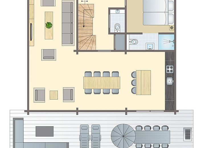 Plattegrond van Mooi Zutendaal 8-persoons villa in Limburg, Belgie. Ruime woonkamer, moderne keuken en gezellig terras voor ultiem comfort.
