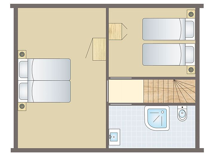 Plattegrond van Mooi Zutendaal 6-persoons kinderbungalow 6CK in Zutendaal, Limburg. Gezellige indeling met terras en moderne faciliteiten.