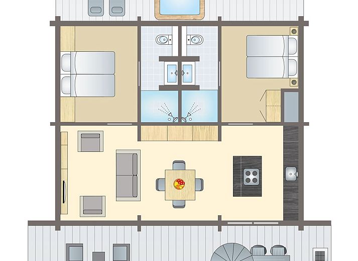 Plattegrond van Mooi Zutendaal 4-persoons villa in Limburg, Belgie. Comfortabele indeling met twee slaapkamers en moderne keuken.