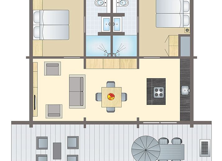 Plattegrond van Mooi Zutendaal, een 4-persoons villa in Zutendaal, Limburg. Ontdek de indeling en ruime leefruimte van deze bungalow.