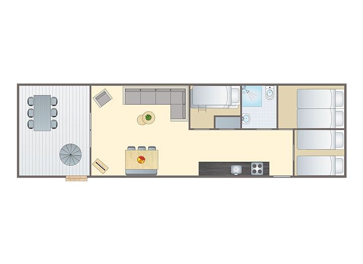 Plattegrond van Mooi Zutendaal 4-6-persoons chalet in Limburg, Belgie, met ruime binnenruimte en gezellig terras voor een ontspannen verblijf.