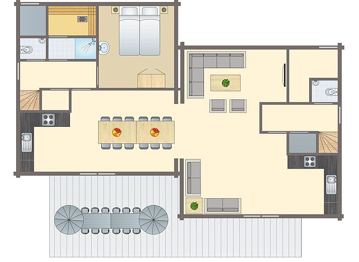 Plattegrond van Mooi Zutendaal 12-persoons bungalow in Limburg, Belgie, met ruime woonkamer en terras voor een comfortabel verblijf.