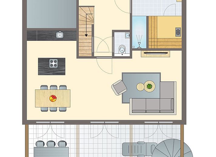Plattegrond van Mooi Zutendaal 6-persoons villa in Zutendaal, Limburg. Ruime indeling met keuken, woonkamer en terras voor ultiem comfort.