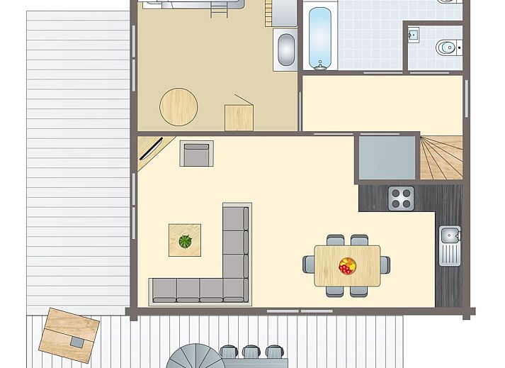 Plattegrond van Mooi Zutendaal 6-persoons kinderbungalow in Zutendaal, Limburg, Belgie. Ruime indeling met gezellige woonkamer en terras.