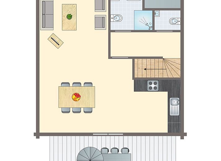 Plattegrond van Mooi Zutendaal 6-persoons bungalow 6C1 in Zutendaal, Limburg, Belgie met ruime woonkamer en moderne keuken.