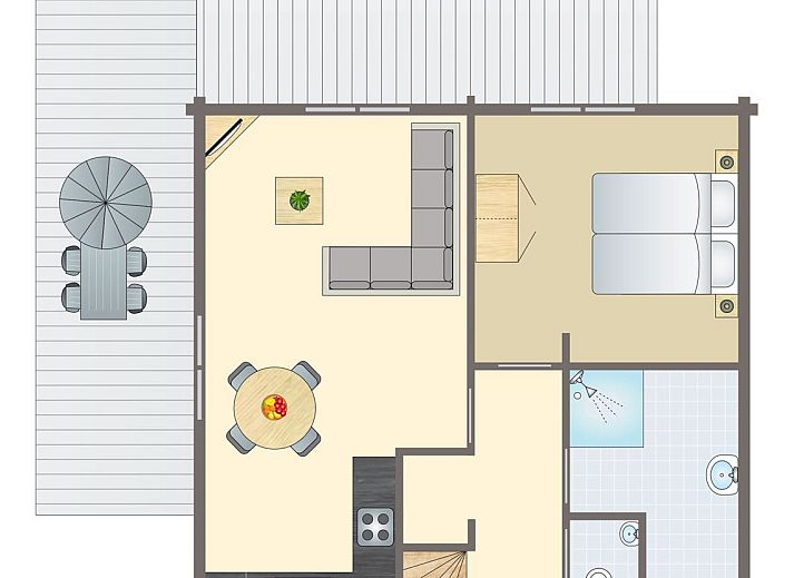 Plattegrond van Mooi Zutendaal's 4-persoons bungalow 4C in Limburg, Belgie, met ruime woonkamer en gezellig terras.