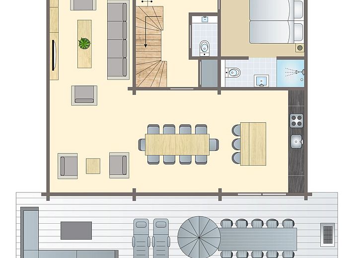 Plattegrond van Mooi Zutendaal 10-persoons villa in Limburg, Belgie, met ruime woonkamer, eetgedeelte en terras voor een ontspannen vakantie.