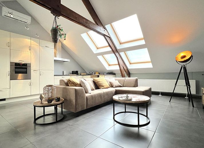 Gezellige woonkamer van 't Vennehuisje, een vakantiehuis in Genk, Limburg, Belgie, met moderne inrichting en veel natuurlijk licht.