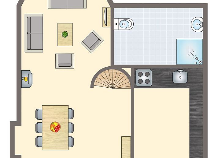 Grundriss des 6-Personen-Turmhauses "Village les Gottales" in Trois-Ponts, Ardennen. Komfortable Aufteilung mit Wohnzimmer, Kueche und Badezimmer.