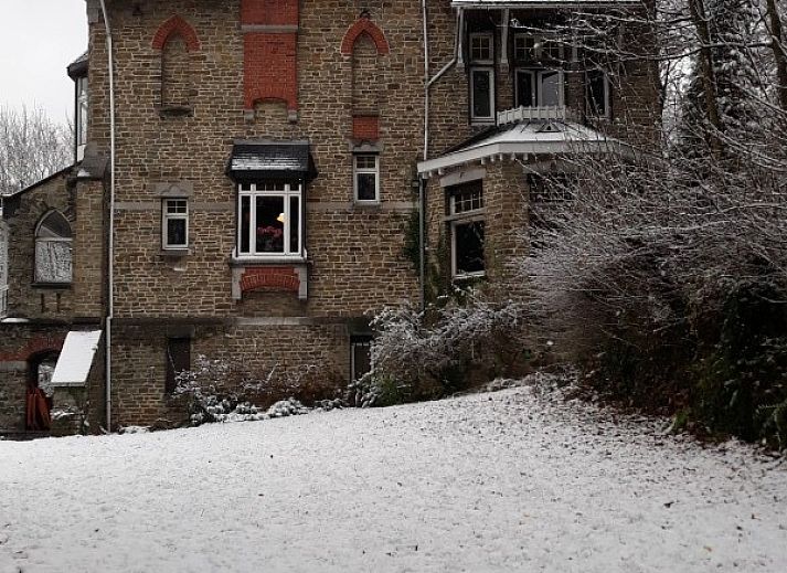 Lichte woonkamer in La Merveille de Mery, vakantiehuis in Esneux, met grote ramen en comfortabele bank.