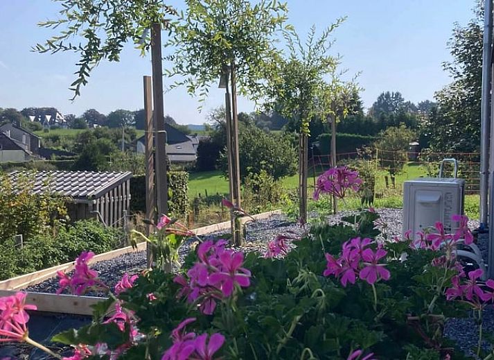 Geraeumiges Ferienhaus im Freien in Spa, Ardennen, Belgien, mit bequemen Liegestuehlen und Blick auf die Natur.