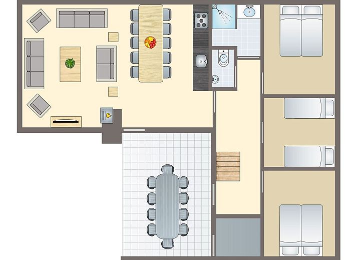 Plattegrond van Village l'Eau d'Heure 10-persoons bungalow in Froidchapelle, Henegouwen, met ruime woonkamer en moderne keuken.