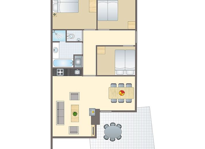 Plattegrond van Village l'Eau d'Heure 6-persoons bungalow 6C2 in Froidchapelle, Henegouwen, Belgie met ruime indeling en terras.