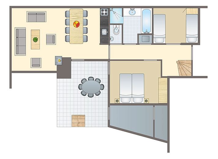 Plattegrond van Village l'Eau d'Heure 8-persoons bungalow in Froidchapelle, Henegouwen, Belgie met moderne indeling en ruime kamers.
