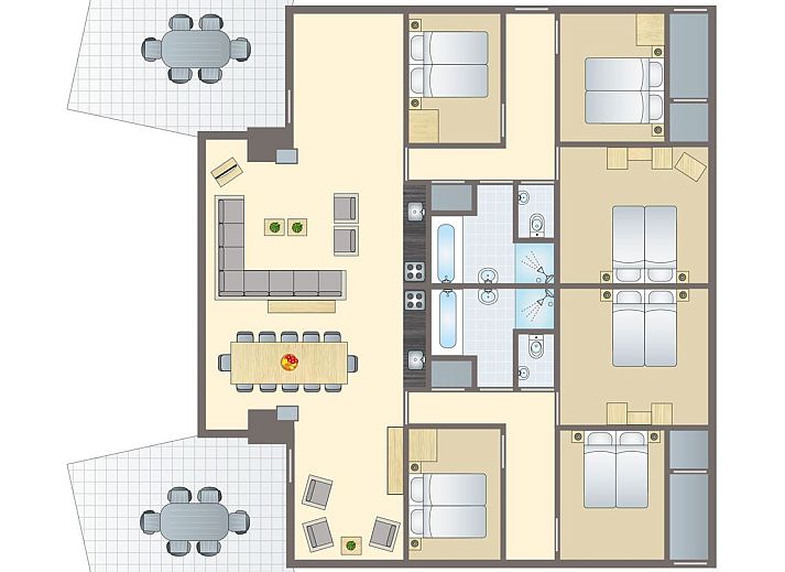 Plattegrond van Village l'Eau d'Heure 12-persoons bungalow in Froidchapelle, Henegouwen, Belgie, met ruime slaapkamers en gezellig terras.