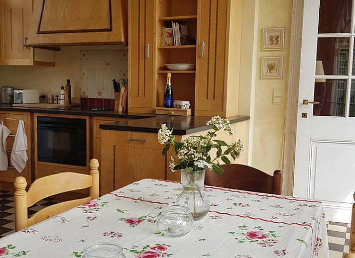 Modern kitchen with wooden details in Holiday home in Sars-la-Bruyere, Hainaut, Belgium.