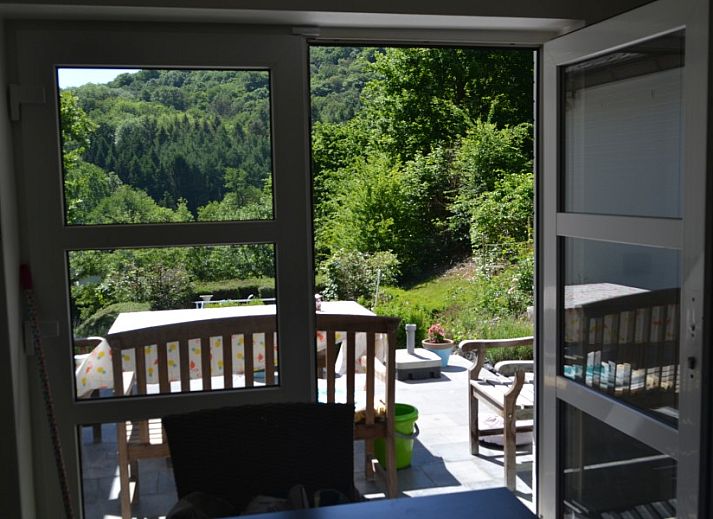 Blick auf das Schwimmbad und die gruene Umgebung des Ferienhauses in Profondeville, Ardennen, Belgien.