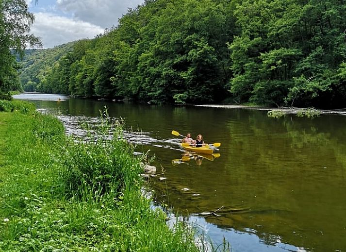 Ruhiger Garten des Ferienhauses in Bohan, umgeben von Baeumen in den Ardennen, Namur, Belgien.