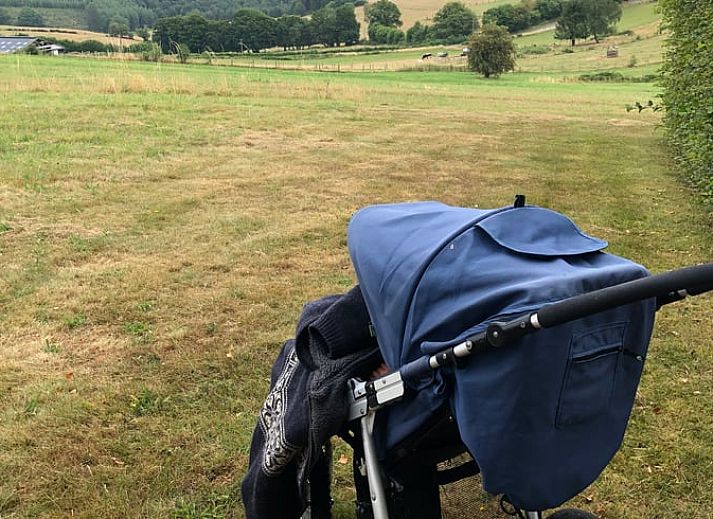 Ontspannen in ligstoelen met uitzicht op de natuur bij Vakantiehuisje in Gros Fays, Ardennen, Namen, Belgie.