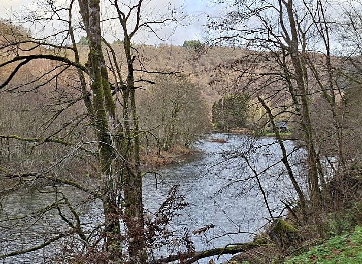 Speisesaal im Chalet Cisland, Bohan sur Semois, Ardennen, mit grossem Tisch und Blick auf den Garten.