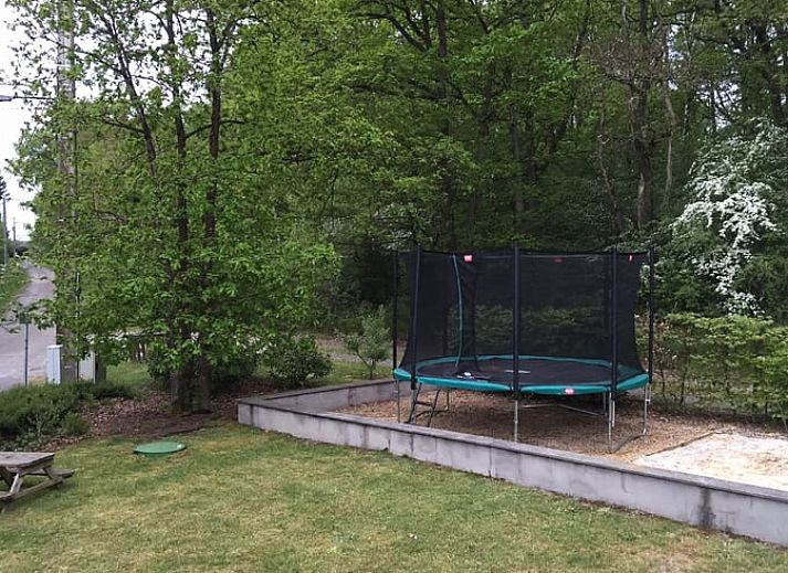 Geniessen Sie die natuerliche Umgebung im Ferienhaus in Heure, Ardennen, Belgien, mit einem Trampolin zwischen den Baeumen fuer Spass im Freien.