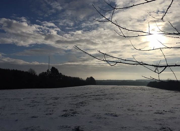 Gemuetlicher Innenbereich des Ferienhauses in Heure, Ardennen, Belgien mit grossem Esstisch und Blick auf die Natur.