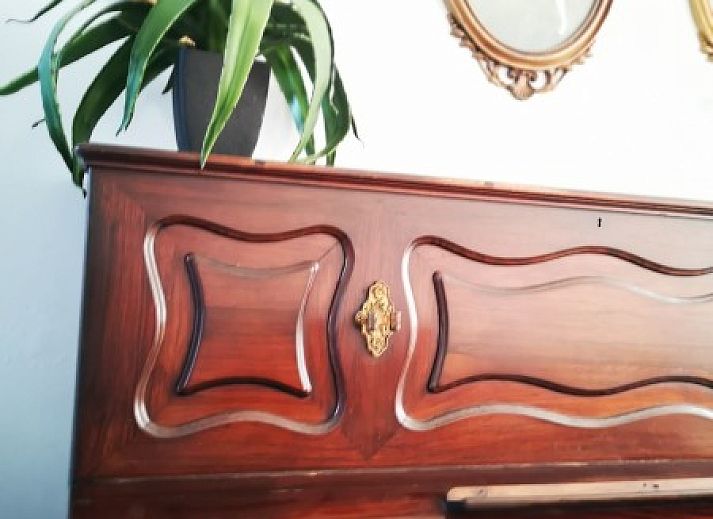 Ingang van vakantiehuis Falaen in de Ardennen, Namen, Belgie met stenen gevel en groene struiken.