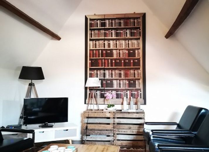 Stijlvolle zithoek met kunst en open haard in vakantiehuis Falaen, Falaen, Ardennen.