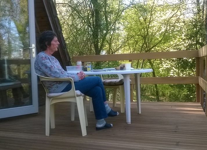 Gemuetlicher Innenbereich des Chalet Dion in Beauraing, Ardennen, mit Blick auf die Natur.