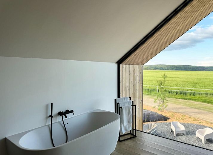 Stijlvolle binnenruimte van Escapade Naturelle, vakantiehuis in Durbuy, met houten plafond en moderne inrichting.
