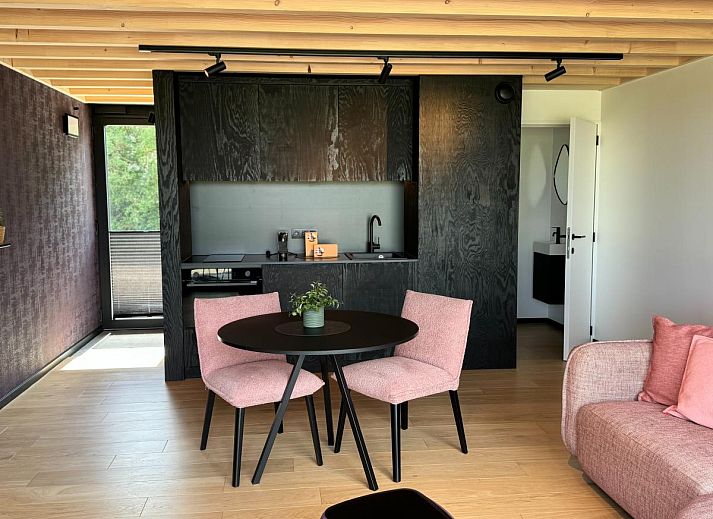 Stijlvolle binnenruimte van Escapade Naturelle, vakantiehuis in Durbuy, met houten plafond en moderne inrichting.