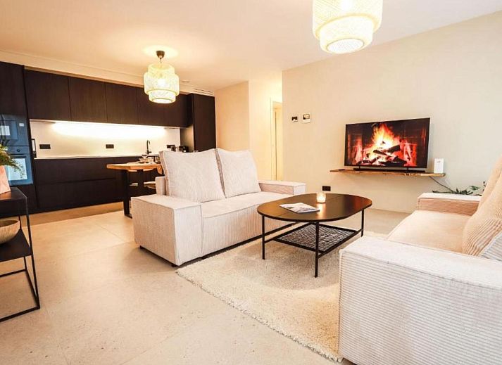 Gezellige woonkamer in vakantiehuis Be Durbuy, gelegen in de Ardennen, Belgie, met moderne inrichting en sfeervolle open haard.