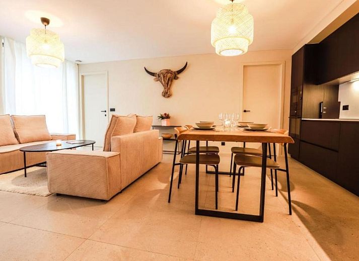 Gezellige woonkamer in vakantiehuis Be Durbuy, gelegen in de Ardennen, Belgie, met moderne inrichting en sfeervolle open haard.