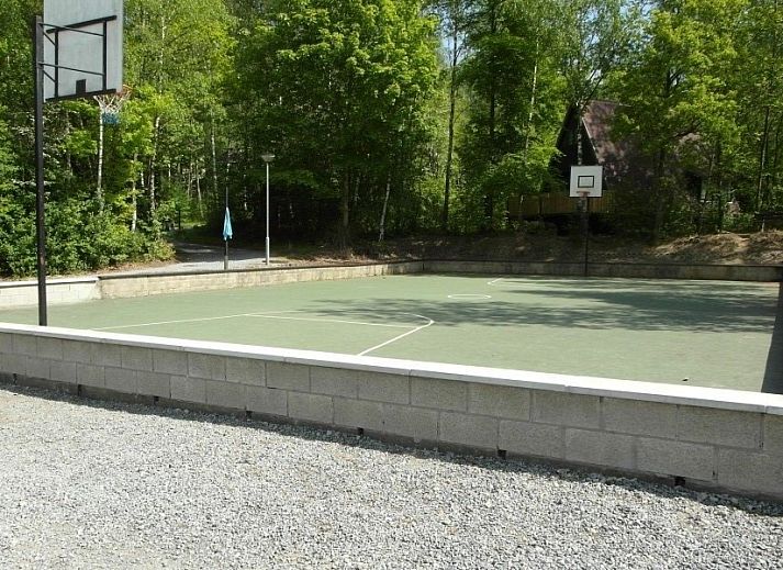 Gezellige woonkamer van Chalet Vakantiehuis Durbuy Belgische Ardennen met uitzicht op bosrijke omgeving in Durbuy, Ardennen.