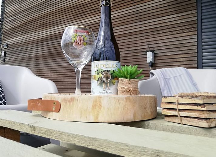 Zonnige dag bij Huisje in Tailles, bed and breakfast in de Ardennen, Belgie, met moderne architectuur en groene tuin.