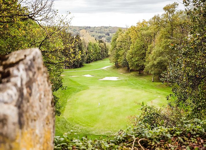 Gezellige woonkamer in vakantiehuis Castelgolf, Barvaux, Ardennen met moderne open haard en stijlvolle inrichting.