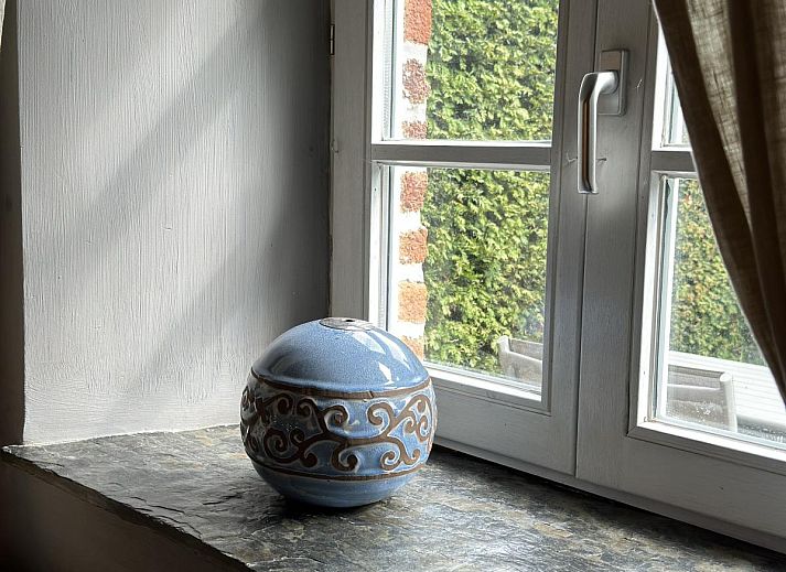 Gezellige binnenruimte van vakantiehuis Le Fournil in Manhay, Ardennen, met een rustieke houtkachel en authentieke stenen haard.