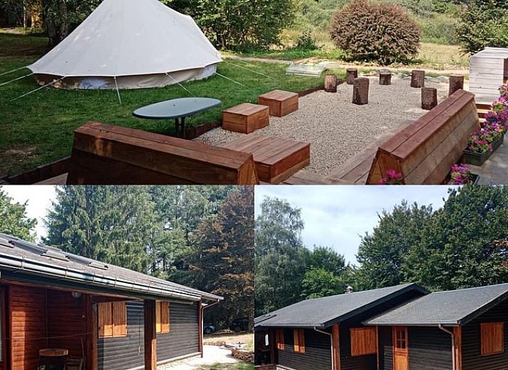 Cozy terrace at cottage in Our, Ardennes, Belgium with wooden seating.