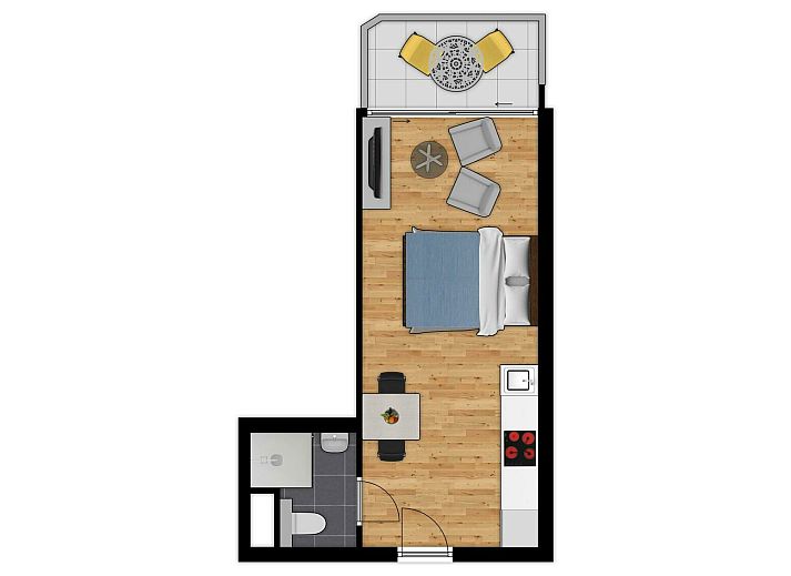 Studio met zeezicht | 2p in Blankenberge, Belgische kust, biedt een moderne binnenruimte met comfortabel bed en uitzicht op zee.