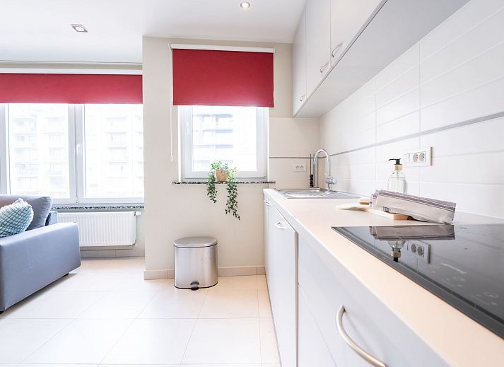 Moderne badkamer in Appartement Andrei met douche en wastafel, gelegen aan de Belgische kust in Blankenberge.