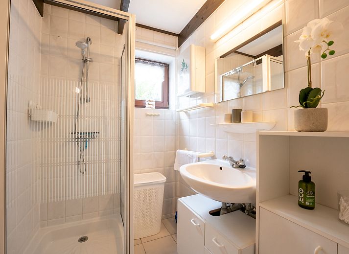 Moderne badkamer in Vakantiehuis Zeewind II, Bredene, Belgische kust, met stijlvolle wastafel en natuurlijke lichtinval.