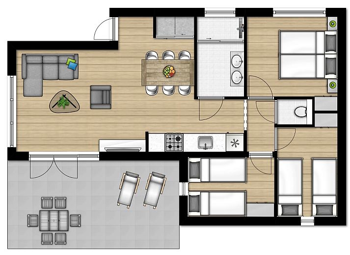Cozy living room of Chalet in Bredene on the Belgian coast with modern decor and lots of natural light.