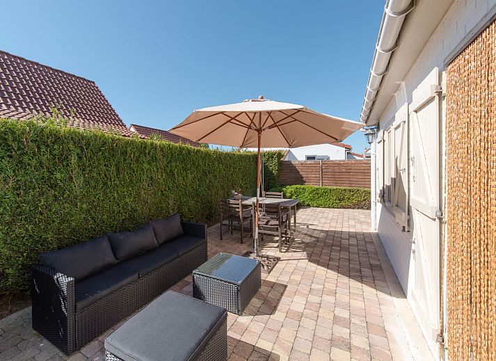 Entspannen Sie sich im sonnigen Garten des Ferienhauses Visserhuis 09/20 in Bredene, an der belgischen Kueste, mit bequemen Liegestuehlen und gruener Umgebung.