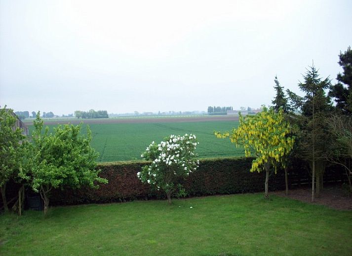 Gezellige binnenruimte van vakantiehuis Cobergh in Veurne met rode bank en houten details.