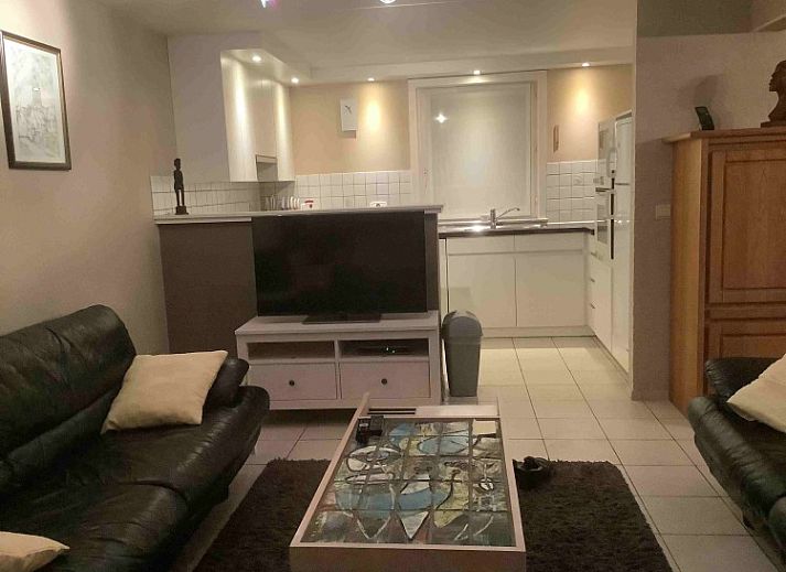 Gezellige woonkamer van De Viebarke vakantiehuis in Nieuwpoort-Bad, Belgische kust, met uitzicht op de groene tuin.